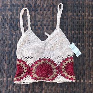Crochet tan and red top